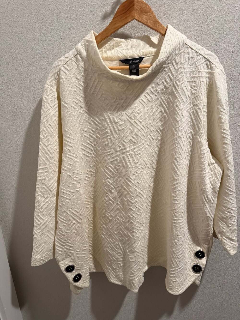 Ali Miles Textured Geometric Mock Neck Top Cream Size 2X